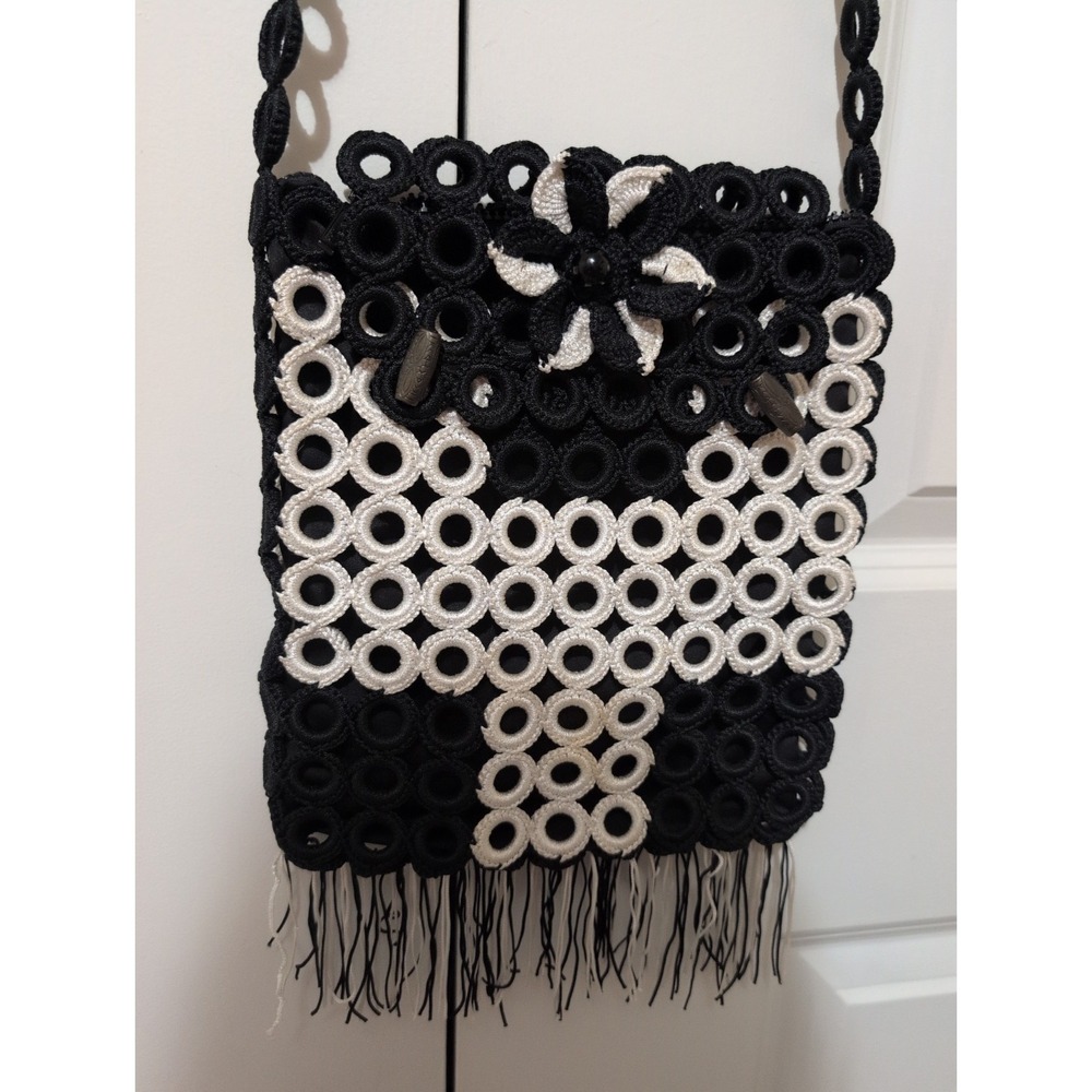 Handmade Crochet Ring Purse Black White Crossbody Shoulder Bag Fringe Boho Retro